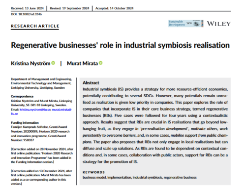 New publication based on CORALIS: “Regenerative Businesses’ Role in Industrial Symbiosis Realisation”